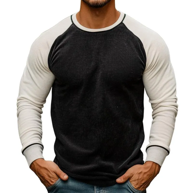 Men's Retro Casual Corduroy Colorblock Round Neck Long Sleeve T-Shirt 30605870TO sold by Manly