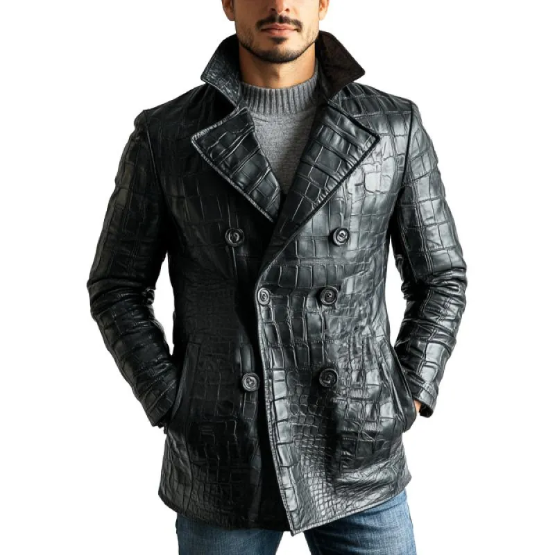 Men's Vintage Crocodile Lapel Double Breasted Mid-Length Leather Trench Coat 87804062Y sold by Manly