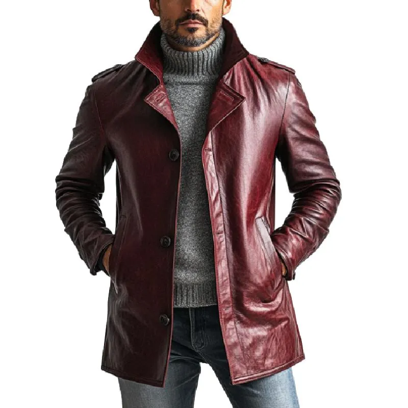 Men's Vintage Solid Color Single Breasted Mid-Length Leather Trench Coat 37875166Y sold by Manly