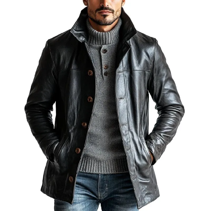 Men's Vintage Solid Color Single Breasted Mid-Length Leather Trench Coat 53779366Y sold by Manly