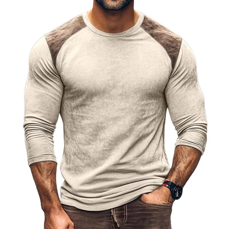 Men's Vintage Colorblock Suede Crew Neck Long Sleeve T-Shirt 99189629Y sold by Manly