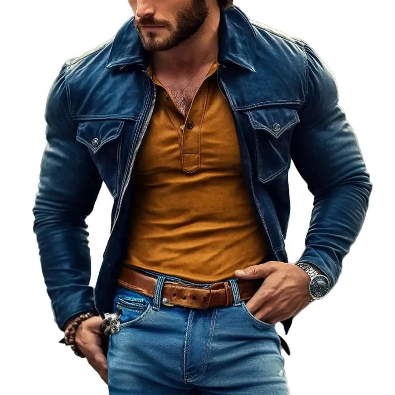 Men's Casual Zipper Lapel Leather Jacket 31014462X sold by Manly