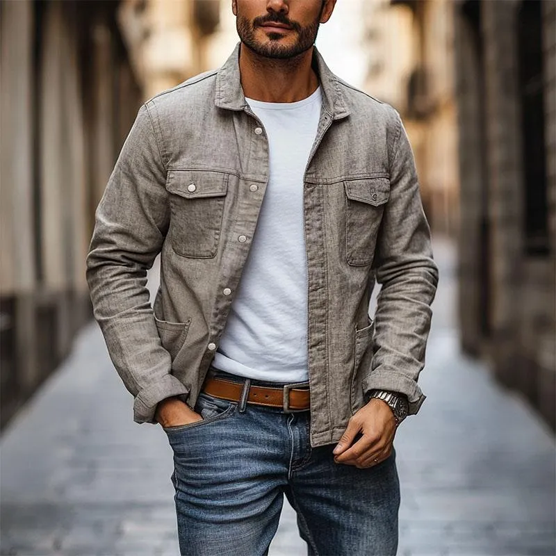 Men's Casual Cotton Linen Lapel Multi-Pocket Work Jacket 52243085M sold by Manly product image thumbnail 4