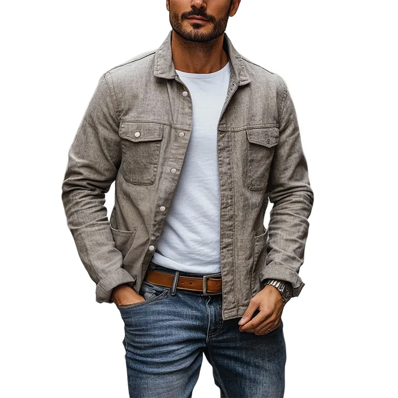 Men's Casual Cotton Linen Lapel Multi-Pocket Work Jacket 52243085M sold by Manly product image thumbnail 3