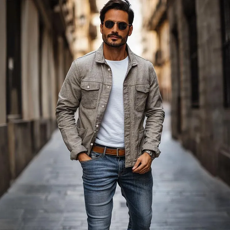 Men's Casual Cotton Linen Lapel Multi-Pocket Work Jacket 52243085M sold by Manly product image thumbnail 2