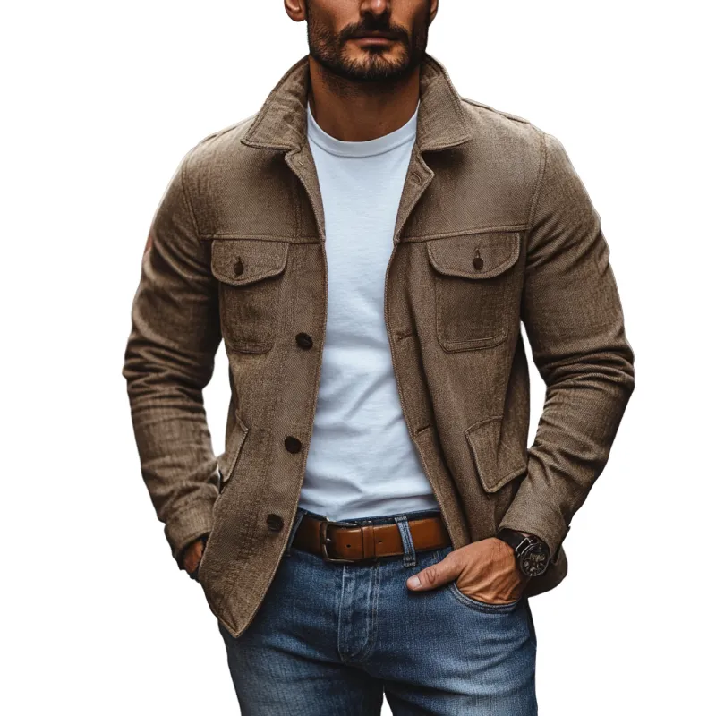 Men's Casual Cotton Linen Lapel Multi-pocket Slim-fit Work Jacket 96997336M sold by Manly product image thumbnail 3