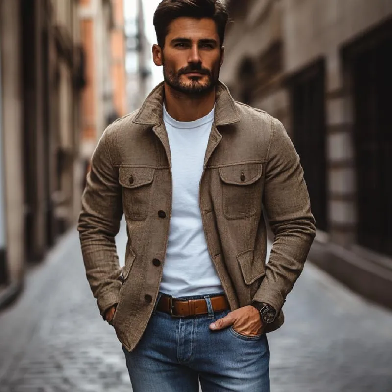 Men's Casual Cotton Linen Lapel Multi-pocket Slim-fit Work Jacket 96997336M sold by Manly product image thumbnail 2