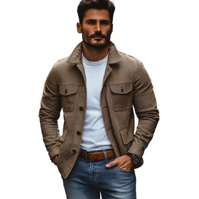 Men's Casual Cotton Linen Lapel Multi-pocket Slim-fit Work Jacket 96997336M sold by Manly