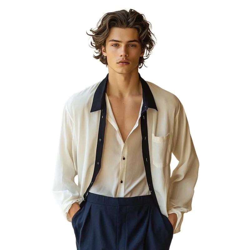 Men's Casual Colorblock Patchwork Lapel Loose Long Sleeve Shirt 80702375M sold by Manly