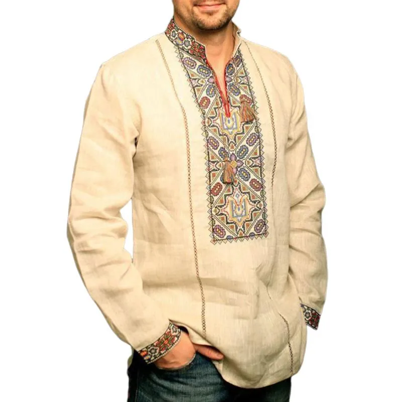 Men's Classic Stand Collar Half-Open Embroidered Long Sleeve T-Shirt 37609558F sold by Manly