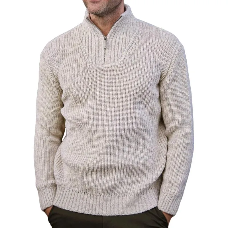 Men's Casual Solid Color Zipper Stand Collar Knitted Pullover Sweater 02077515M sold by Manly