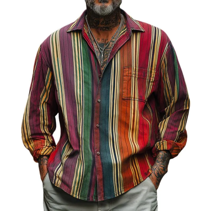 Men's Casual Avant-garde Colorful Striped Long-sleeved Lapel Shirt 00278110F sold by Manly