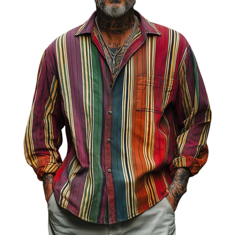 Men's Casual Avant-garde Colorful Striped Long-sleeved Lapel Shirt 00278110F sold by Manly