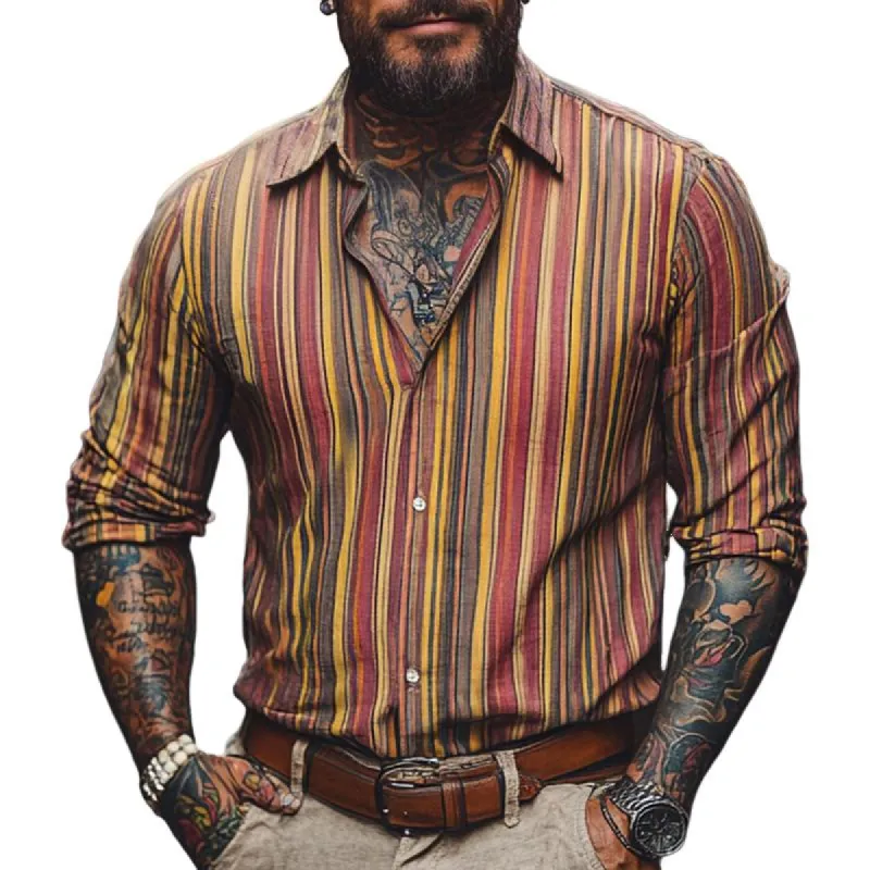 Men's Retro Personalized Striped Long Sleeve Lapel Shirt 62829152F sold by Manly
