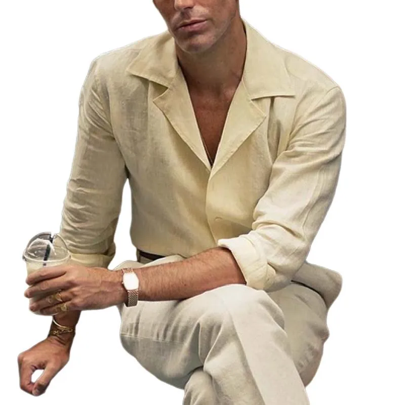 Men's Classic Casual Lapel Cotton and Linen Long Sleeve Shirt 32951932K sold by Manly