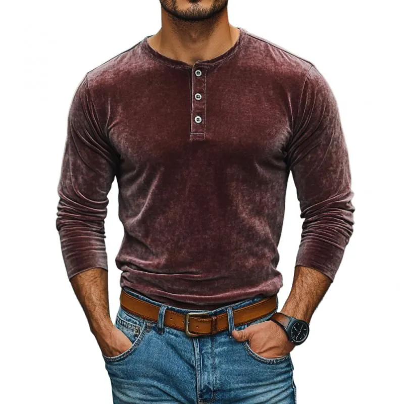 Men's Vintage Velvet Henley Collar Slim Fit Long Sleeve T-Shirt 19968899M sold by Manly