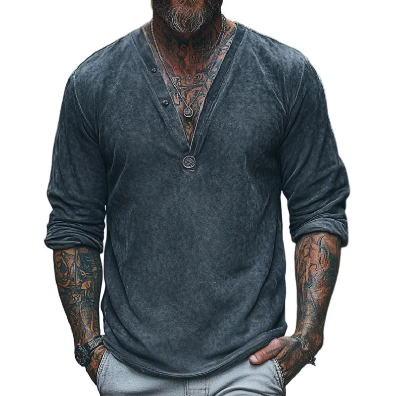 Men's Casual V-neck Air Layer Suede Long Sleeve T-shirt 64465665F sold by Manly