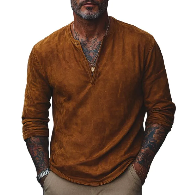 Men's Retro V-neck Air Layer Suede Long Sleeve T-shirt 94922411F sold by Manly