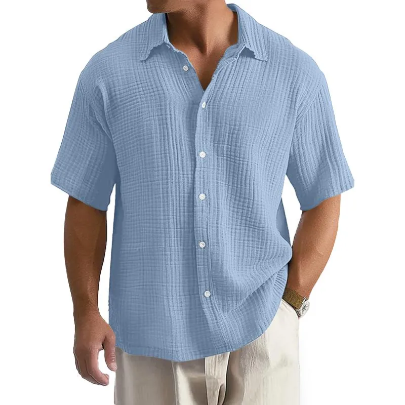 Men's Solid Color Cotton Lapel Short Sleeve Casual Shirt 49836332Z sold by Manly