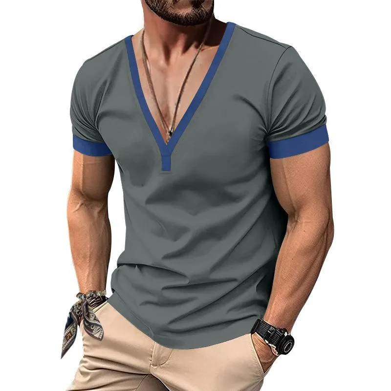 Men's Colorblock V Neck Short Sleeve Casual T-shirt 09058469Z sold by Manly