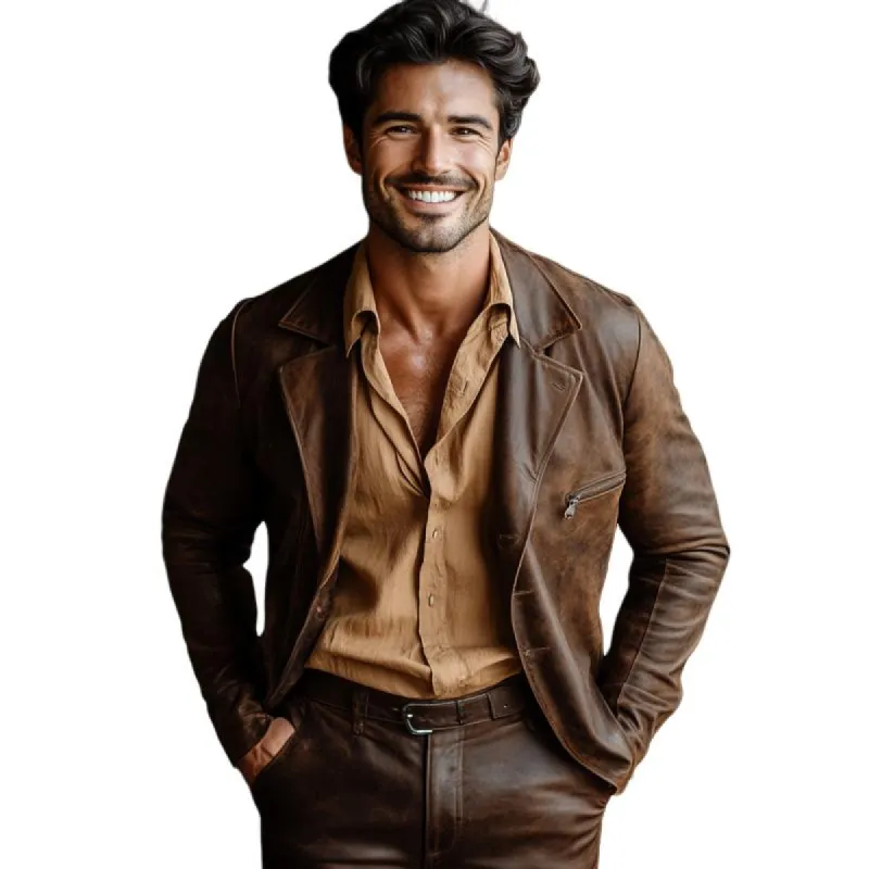 Men's Vintage Leather Notched Lapel Single Breasted Loose Fit Blazer 73659318M sold by Manly