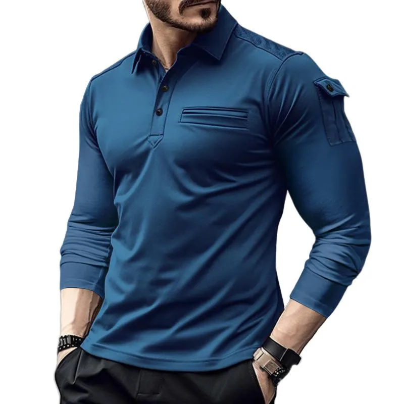 Men's Solid Color Lapel Arm Pockets Long Sleeve Polo Shirt 43750120Z sold by Manly