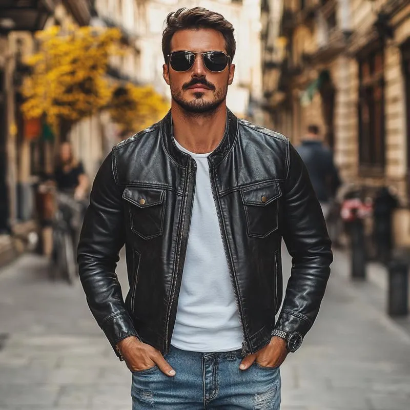 Men's Vintage Leather Stand Collar Zip-Up Jacket 54120994M sold by Manly product image thumbnail 2