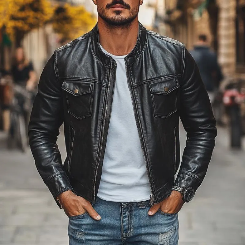 Men's Vintage Leather Stand Collar Zip-Up Jacket 54120994M sold by Manly product image thumbnail 3