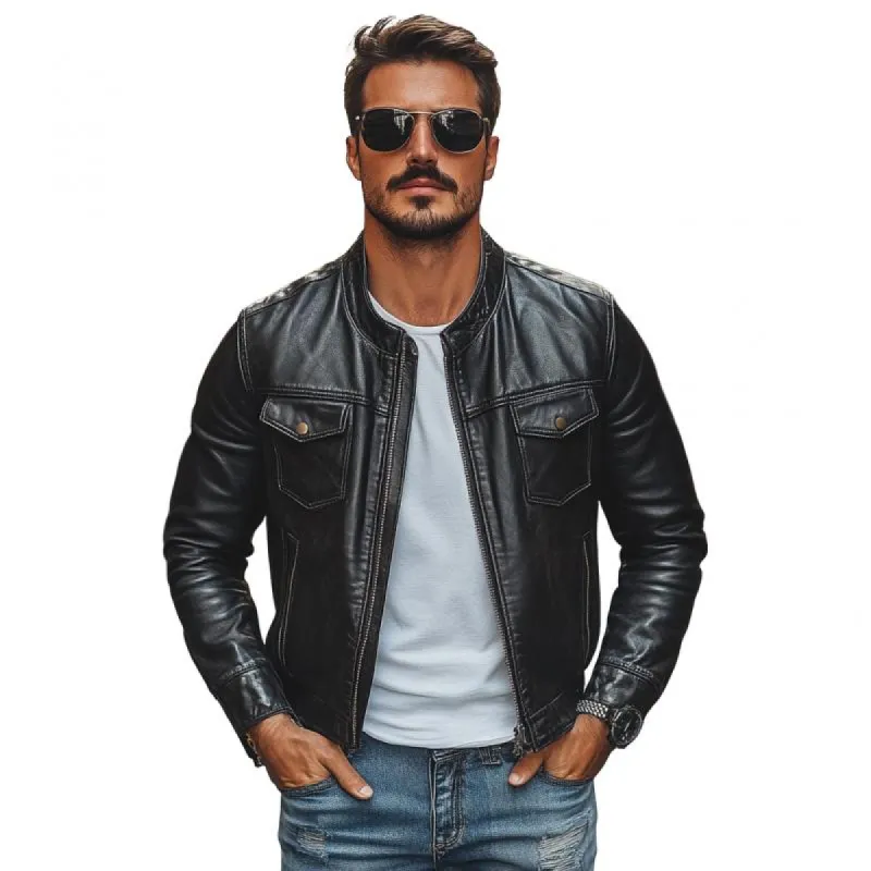 Men's Vintage Leather Stand Collar Zip-Up Jacket 54120994M sold by Manly