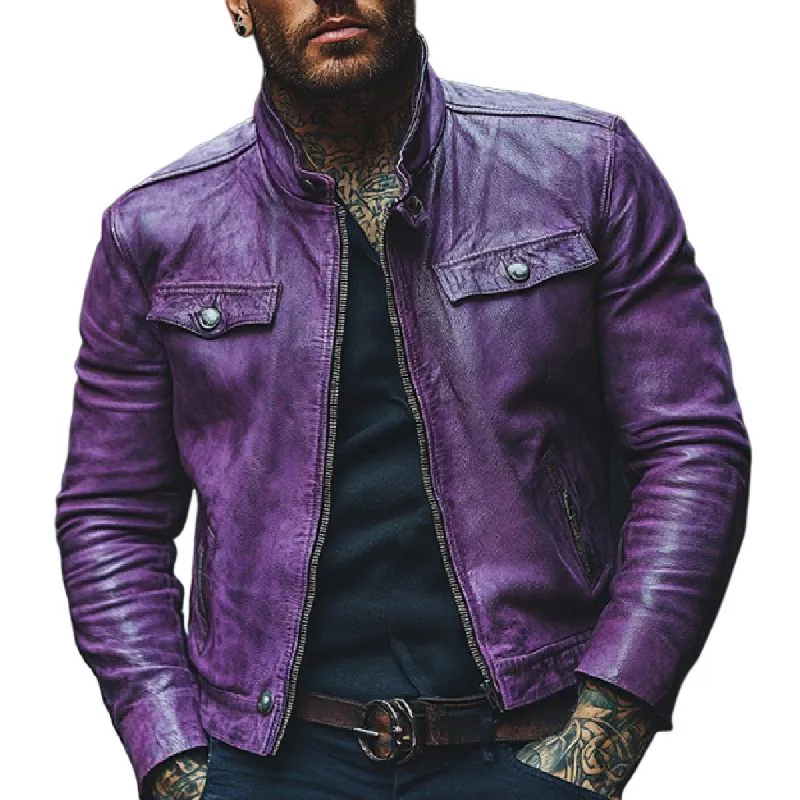 Men's Classic Stand Collar Casual Leather Jacket 23044060F sold by Manly