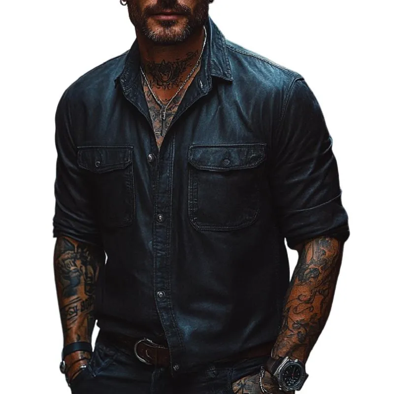 Men's Casual All-match Lapel Long-sleeved Leather Shirt 36662916F sold by Manly
