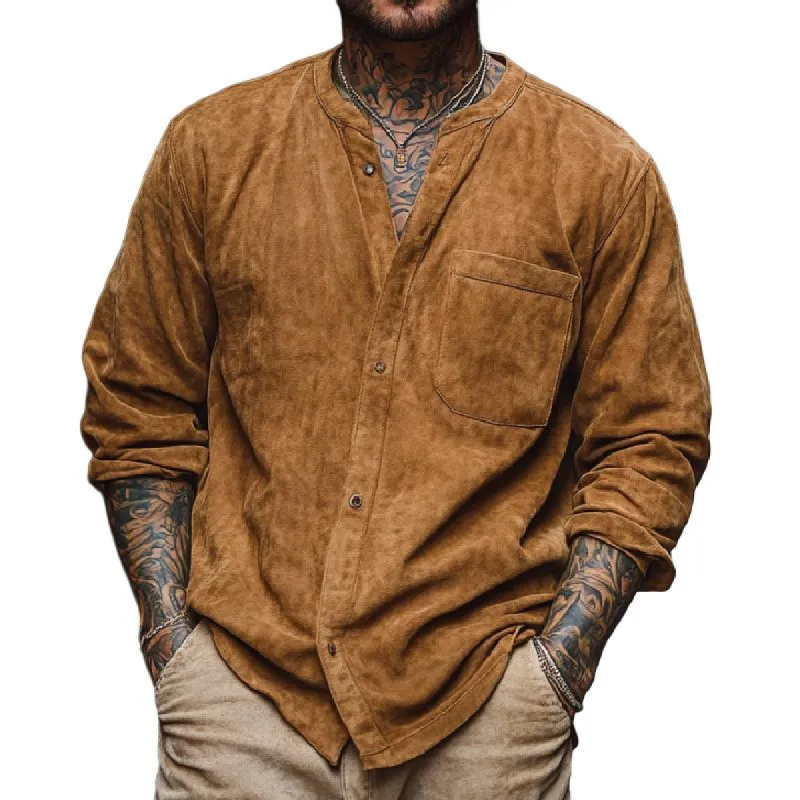Men's Retro V-neck Long Sleeve Suede Casual Shirt 33889133F sold by Manly