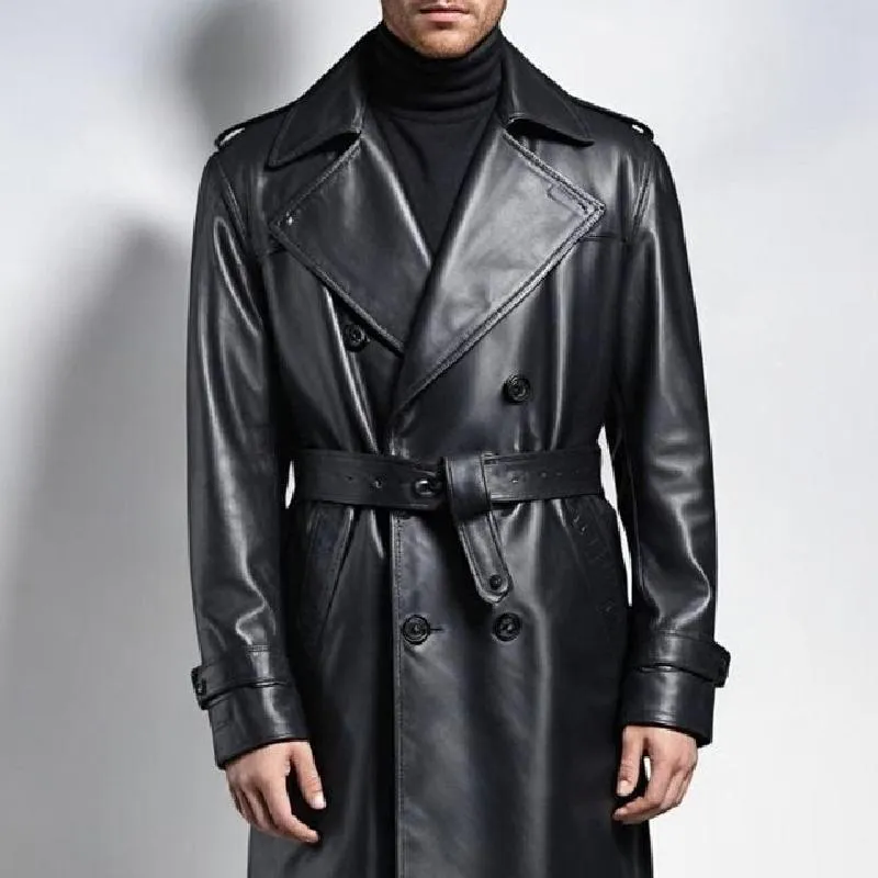 Men's Vintage Classic Knee Length Double Breasted Leather Trench Coat 11503725K sold by Manly product image thumbnail 2