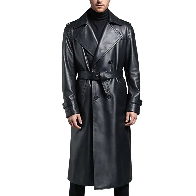 Men's Vintage Classic Knee Length Double Breasted Leather Trench Coat 11503725K sold by Manly
