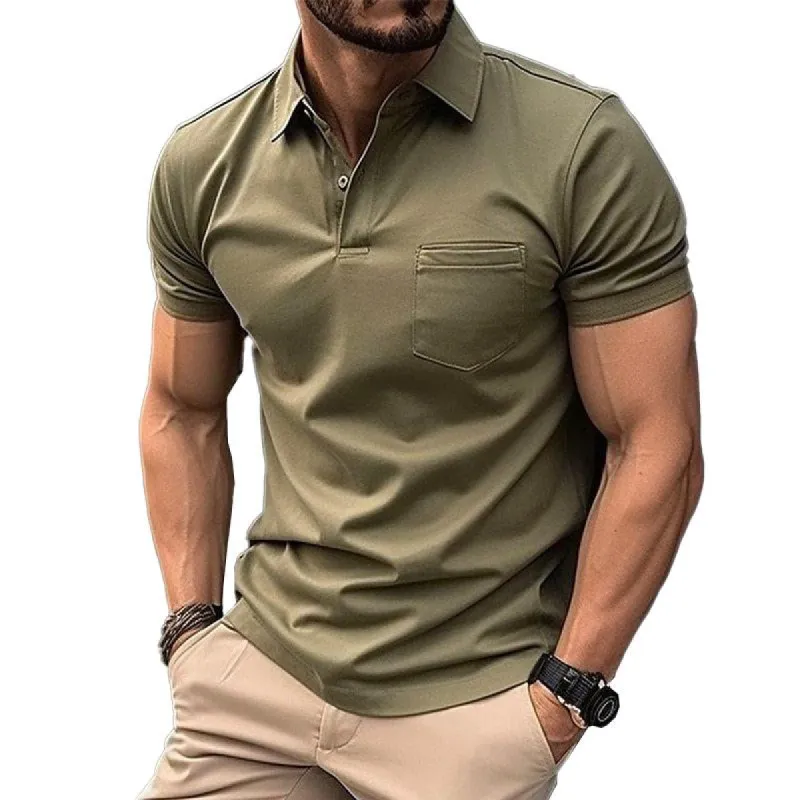 Men's Solid Color Button Pocket Sports Lapel Short Sleeve POLO Shirt 23463175X sold by Manly