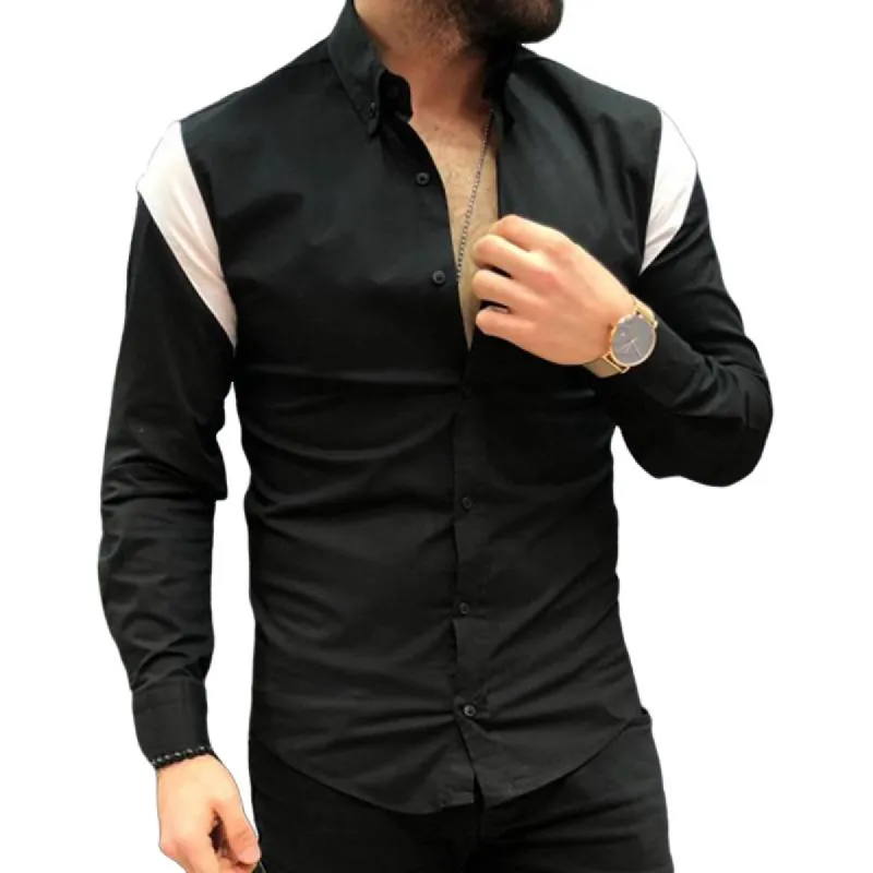 Men's Casual Colorblock Lapel Long Sleeve Shirt 08766619TO sold by Manly