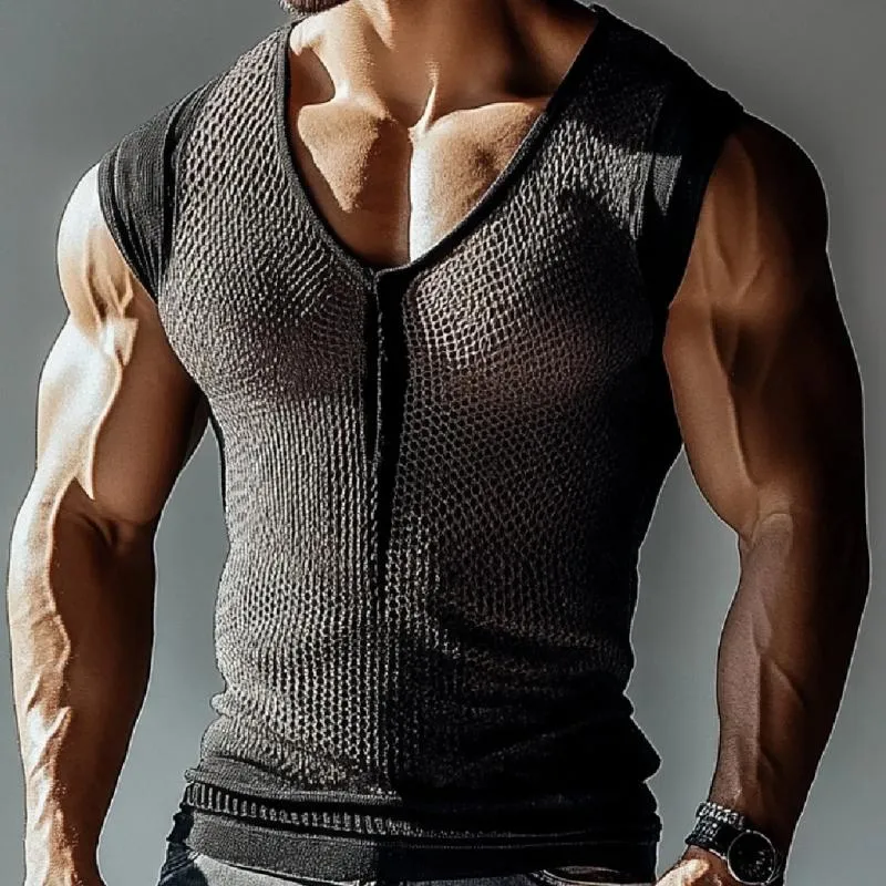 Men's Sexy Hollow Mesh V-Neck Tight Tank Top 68776931M sold by Manly product image thumbnail 3