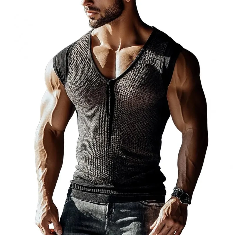 Men's Sexy Hollow Mesh V-Neck Tight Tank Top 68776931M sold by Manly