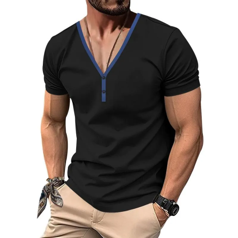 Men's Casual Colorblock V-neck Breathable Slim Short-sleeved T-shirt 52857966M sold by Manly