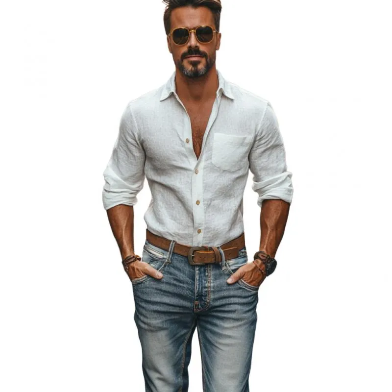 Men's Casual Cotton Linen Lapel Patch Pocket Loose Long Sleeve Shirt 88331780M sold by Manly
