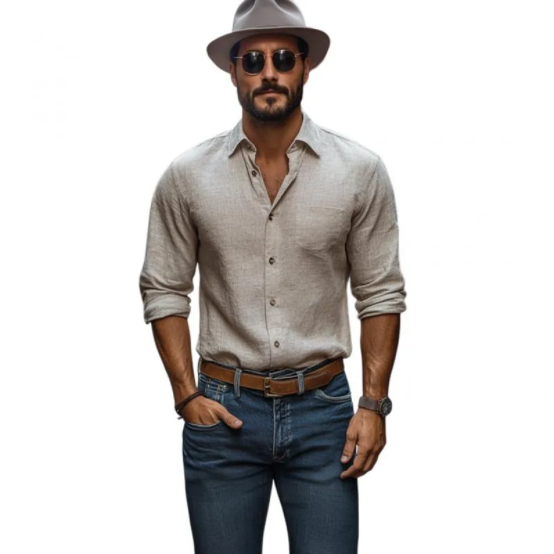 Men's Casual Cotton Linen Lapel Patch Pocket Loose Long Sleeve Shirt 32996965M sold by Manly