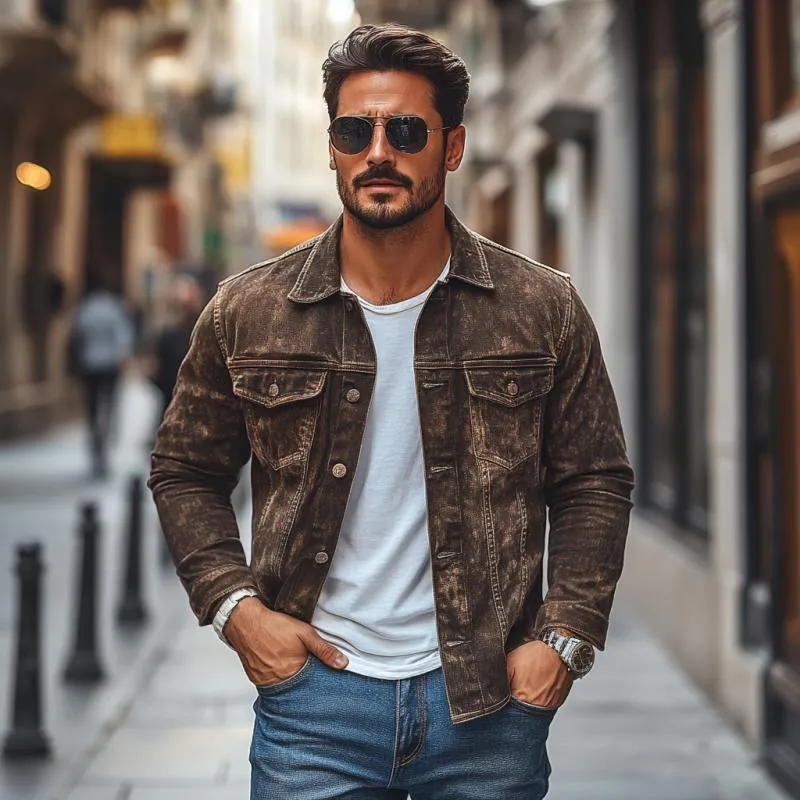 Men's Vintage Washed Distressed Lapel Chest Pocket Denim Long Sleeve Shirt 15682510M sold by Manly product image thumbnail 2