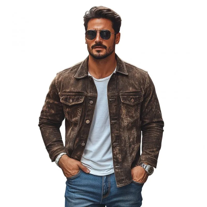 Men's Vintage Washed Distressed Lapel Chest Pocket Denim Long Sleeve Shirt 15682510M sold by Manly