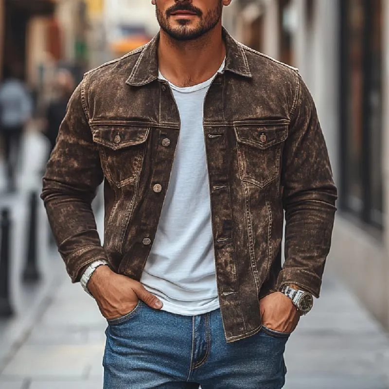 Men's Vintage Washed Distressed Lapel Chest Pocket Denim Long Sleeve Shirt 15682510M sold by Manly product image thumbnail 3