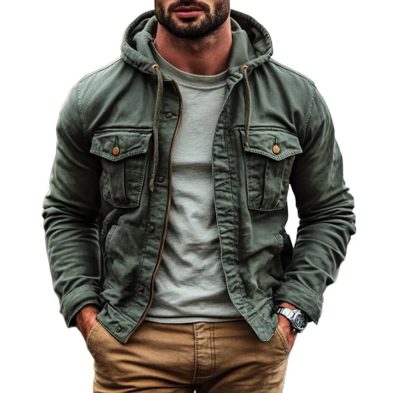 Men's Retro Solid Lapel Multi-pocket Cargo Jacket 50274983Z sold by Manly