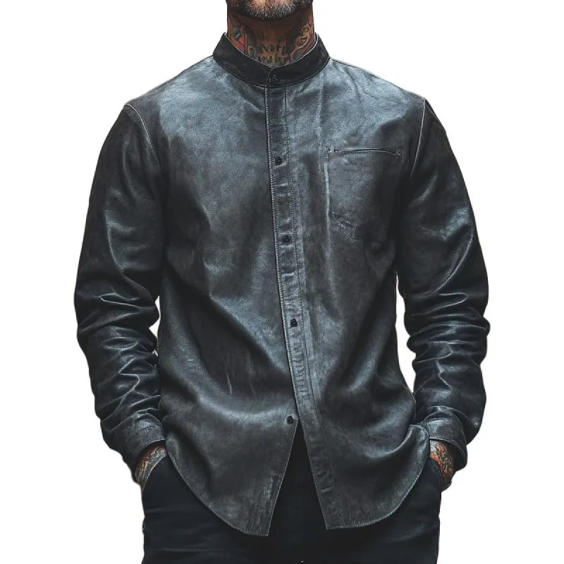 Men's Classic Stand Collar Versatile Long Sleeve Leather Shirt 04473022F sold by Manly