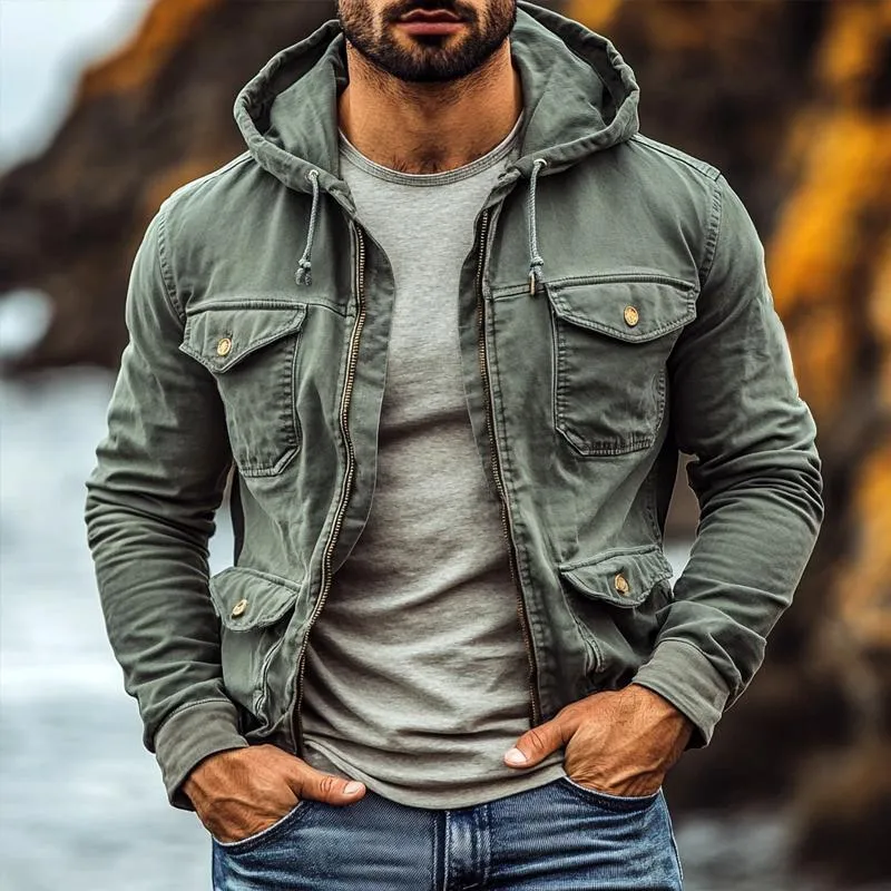 Men's Retro Solid Lapel Multi-pocket Cargo Jacket 21376307Z sold by Manly product image thumbnail 2