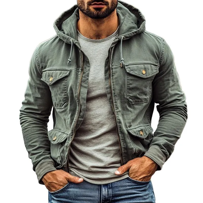 Men's Retro Solid Lapel Multi-pocket Cargo Jacket 21376307Z sold by Manly