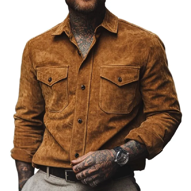 Men's Vintage Suede Lapel Long Sleeve Shirt 92732866F sold by Manly