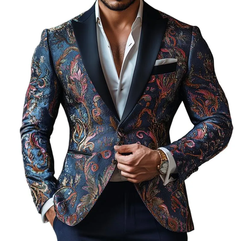 Men's Vintage Elegant Embroidery Jacquard Lapel Slim Business Casual Blazer 14017476Z sold by Manly